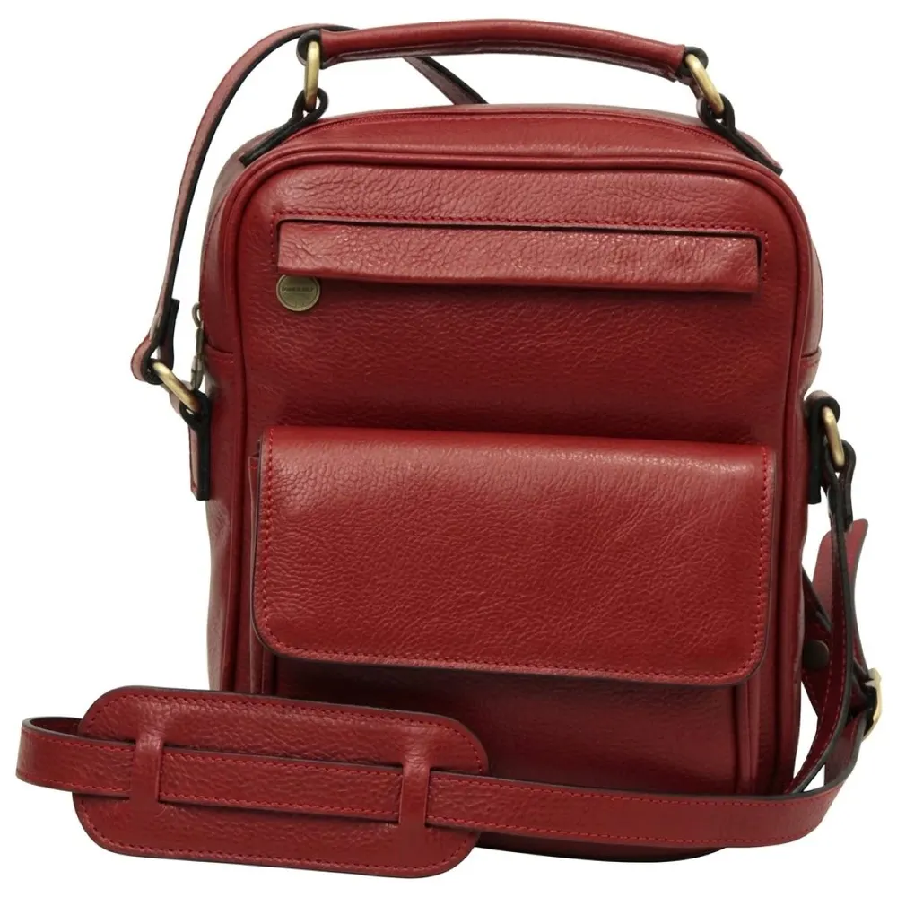 Leather Shoulder Bag with front pocket - Red